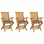 VidaXL Chaises De Jardin Avec Coussins Gris Lot De 3 Bois Teck Massif - gris 3062530