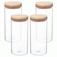 WellHome - Lot de 4 bocaux en verre et bois de 1,3 L, couleur beige - transparent verre PK3933