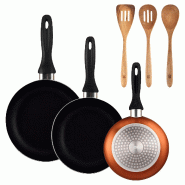 BERGNER - Set de 3 poêles Ø16/20/24cm en aluminium pressé Bronze métallisé avec set de 3 ustensiles de cuisine 32,8x33x7x1,4cm Xmart - PK9858