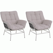 Décoshop26 - Lot de 2 fauteuils lounge pour terrasse jardin balcon tressage en poly-rotin et métal gris clair coussins épais beige 04_0008700 - 300