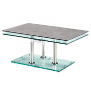 TABLE BASSE MATCH CERAMIQUE CIMENT 2 PLATEAUX PIVOTANTS EN VERRE PIÉTEMENT CHROME