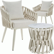 TecTake GmbH tectake 2, ensemble de jardin, LUGANO, aluminium, rope-design, résistant aux intempéries, coussin d'assise de 10 cm, beige - beige mult