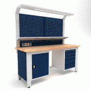 Établi d'atelier industriel 2000 mm PRACO W T34 - Plateau en hêtre massif - Éclairage LED - Tiroirs et armoire MW Tools PRAW2000T34