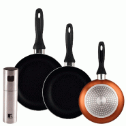 BERGNER - Set de 3 Poêles Ø16/20/24cm en Aluminium Pressé Bronze Métallisé avec Pulvérisateur d'Huile/Vinaigre Ø4x17,5cm en Acier Inoxydable - PK9874