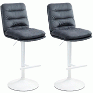 Décoshop26 - Lot de 2 tabourets de bar avec repose-pieds et dossier assise rembourré en velours gris foncé et métal blanc 10_0006751 - blanc méta