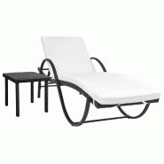 Helloshop26 - Transat chaise longue bain de soleil lit de jardin terrasse meuble d'extérieur avec coussin et table résine tressée 02_0012453 - Bois