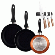 BERGNER - Set de 3 poêles Ø16/20/24cm en aluminium pressé bronze métallisé avec jeu de 3 couteaux en acier inoxydable avec support magnétique - PK9876