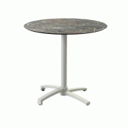 X Cross table de bistrot avec piètement sable + plateau HPL Galaxy Marble Ø70 cm