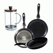 BERGNER - Set 3 poêles en aluminium pressé Ø16/Ø20/Ø24cm compatible induction Navy Black avec cafetière à piston en verre borosilicate 15,8×10