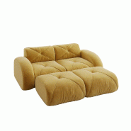 Merax Canapé modulaire 2 places avec 2 tabourets, canapé nuage avec accoudoirs ronds, chenille douce, sans cadre près du sol, canapé lounge, jaune_0
