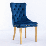 Merax Ensemble de 2 chaises rembourrées , chaise de salle à manger en velours, velours bleu + pieds en métal doré, avec surpiqûres de boutons et