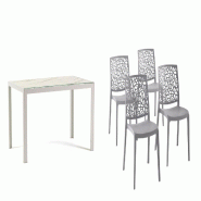 RATTATAN Set de repas intérieur et extérieur, table en aluminium, 4 chaises en polypropylène empilables, pour cuisine, jardin MILO+ANNA-Gris/Blanc/ RATTATAN Set de repas intérieur et extérieur, table en aluminium, 4 chaises en polypropylène empilables, pour cuisine, jardin MILO+ANNA-Gris/Blanc/
