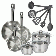 Batterie de cuisine avec 3 faitouts 16/20/24 cm et 3 poêles 20/24/28 cm avec 5 ustensiles de cuisine sans PFAS Fackelmann Etherna Brillant Clip - gri