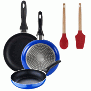 BERGNER - Jeu de 3 Poêles Ø16/Ø20/Ø24 cm en Aluminium Embouti Compatibles Induction Blue Navy Paradise avec Jeu de 2 Ustensiles de Cuisine EXCALIB