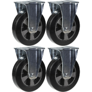 Roulette 200mm 8" en caoutchouc noir, fixe, capacité 1800kg, jeu de 4 Roulette 200mm 8" en caoutchouc noir, fixe, capacité 1800kg, jeu de 4