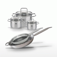 Batterie de cuisine avec 2 faitouts 12/14 cm et 1 faitout 20 cm et 1 poêle de cuisson 28/32 cm en inox sans PFAS Elo Collection Relief Solution Citri_0