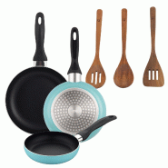 BERGNER - Set de 3 Poêles Ø16/20/24cm en Aluminium Pressé Bleu Mat avec Set 3Pc Ustensiles de Cuisine en Bois d'Acacia - PK9919