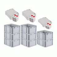 PROREGAL 8x Bac Euro NextGen Economy couvercle à charnières, fermetures à glissière rouges, poignées fermées, 22x30x40cm, 20L - noir plastique R