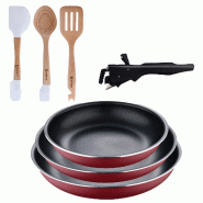 BERGNER - Ensemble de 3 poêles Ø18/20/24 cm en aluminium embouti rouge avec poignée amovible et ensemble de 3 ustensiles en silicone et bois - PK9801