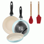 BERGNER - Jeu de 3 poêles Ø16/Ø20/Ø24 cm en aluminium pressé bleu ciel avec jeu de 2 ustensiles de cuisine EXCALIBUR - PK9410