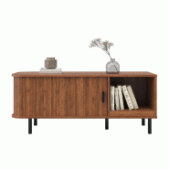 Merax Table basse 110 x 40 x 55 cm avec porte coulissante, rangement ouvert et façade à lattes verticales, aspect noyer - multi-matériau N621P496675N