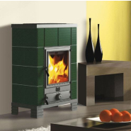 Poêle à bois ecostar - Dimensions L69xP47xH105 cm - Corniches et pieds en fonte naturelle - Faïences personnalisables - Ronny