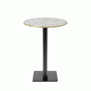 RestooTab - Mange-debout Milan T Ø50cm décor terrazzo white chip chants couleur laiton - blanc fonte TB-MITFF-R50M-WH.CHI-LAI