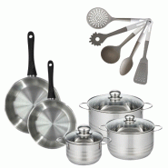 Lot Poêle 24/28 cm Fackelmann Geneva avec 3 Faitouts 16/20/24 cm et 5 ustensiles - gris inox 3176239921939 Lot Poêle 24/28 cm Fackelmann Geneva avec 3 Faitouts 16/20/24 cm et 5 ustensiles - gris inox 3176239921939