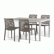 RATTATAN Ensemble salle a manger aluminium taupe et blanc, 4 chaises en polypropylène taupe empilables et plateau effet pierre–MILO+DAFNE Taupe/Bla RATTATAN Ensemble salle a manger aluminium taupe et blanc, 4 chaises en polypropylène taupe empilables et plateau effet pierre–MILO+DAFNE Taupe/Bla