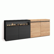 SKRAUT HOME Buffet salon et cuisine, 200x75x35cm, 4 Portes, Cheminée électrique, Chêne et noir - beige Bois manufacturé 62_3