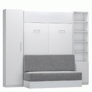 COMPOSITION LIT ESCAMOTABLE BLANC MAT DYNAMO SOFA CANAPÉ INTÉGRÉ GRIS COUCHAGE 140 X 200 CM COLONNE ARMOIRE + BIBLIOTHÈQUE