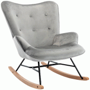 Décoshop26 - Fauteuil à bascule rocking chair bouton décoratif en tissu velours gris clair confortable et design FAB10072 - gris 3000901869604_0