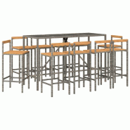 Helloshop26 - Ensemble de bar de jardin meuble extérieur terrasse 11 pièces gris poly rotin/bois massif acacia - 3000733947761