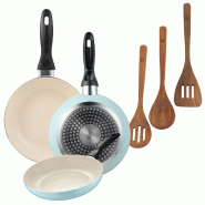 BERGNER - Ensemble de 3 poêles Ø16/Ø20/Ø24 cm en aluminium embouti bleu ciel avec ensemble de 3 ustensiles de cuisine en bois d’acacia - PK9396