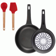 BERGNER - Ensemble de 2 Poêles Ø24//28cm en aluminium moulé avec manche en bakélite avec Ensemble de 2 Ustensiles de Cuisine EXCALIBUR - PK9833