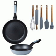 BERGNER - Jeu de 2 Poêles Ø20/26cm en Aluminium Pressé Compatible Induction avec Jeu de 5 Ustensiles de Cuisine en Silicone et Bois d’Acacia - PK9514