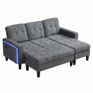 Merax Canapé-lit d'angle en L LED, 3 places avec pouf modulable, port USB, chenille, gris - gris multi-matériau WF32201012G