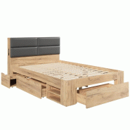 Merax Lit double  140 x 200 cm, lit en bois avec rangement, tiroirs, étagères coulissantes, USB & USB-C, tête de lit et sommier à lattes en PU - B_0