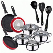 San Ignacio - Batterie de Cuisine Faro 7 pièces en Acier Inoxydable avec 3 Poêles Navy Red Marble Ø16/20/24 cm et Set de 3 Ustensiles de Cuisine -
