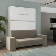 ARMOIRE LIT ESCAMOTABLE PALACE SOFA 140*200 CM BLANC MAT CANAPÉ / TÊTE DE LIT TAUPE