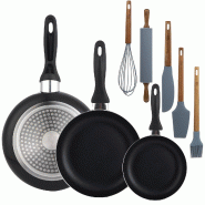 BERGNER - Set de 3 Poêles 16/20/24 en Aluminium Pressé Couleur Noir avec Set de 5 Ustensiles de Cuisine en Silicone et Bois - PK9942