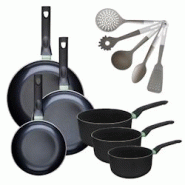 Lot Poêles 20/24/28cm et Casseroles 16/18/20cm Fackelmann Brandao avec 5 ustensiles - noir aluminium 3176239922196