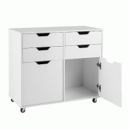 COSTWAY Commode 4 tiroirs & 2 portes, unité mobile en bois avec 5 roulettes universelles, support à roulettes pour imprimante, blanc - blanc Bois ma
