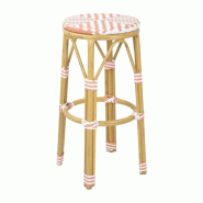 Lot de 2 tabourets de bar empilables, motifs chevrons, structure en aluminium finition bois, assise rotin corail et blanc Lot de 2 tabourets de bar empilables, motifs chevrons, structure en aluminium finition bois, assise rotin corail et blanc