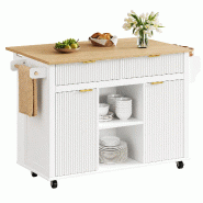 Merax Îlot de cuisine sur roulettes 120x45 cm, desserte avec plateau rabattable, rangements, porte-épices, porte-serviettes, 2 tiroirs, blanc - blan