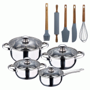 BERGNER - Batterie de Cuisine 7 Pièces Fabriquée en Acier Inoxydable Compatible Induction avec Set de 5 Ustensiles de Cuisine en Silicone et Bois -