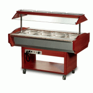 Buffet de restauration chauffant à roulettes - 4 ou 6 bacs GN 1/1 - Cuve inox, plan granit, bois acajou Buffet de restauration chauffant à roulettes - 4 ou 6 bacs GN 1/1 - Cuve inox, plan granit, bois acajou