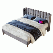 Merax Lit capitonné lit simple avec fonction de chargement USB Type C, lit capitonné gris, cadre de lit 180 x 200 cm - lin - gris multi-matériau AB