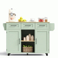 Merax Chariot de cuisine 139x46-71x91.5 cm, îlot mobile avec plan rabattable, 2 portes et 3 tiroirs, roulettes/pieds bois, vert sauge - vert Bois man
