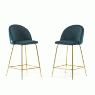 RATTATAN Lot de 2 tabourets de bar en velours avec pieds en métal,h.65cm,pour bar,restaurant et cuisine,design élégant–Sara XL–Bleu canard/Or -